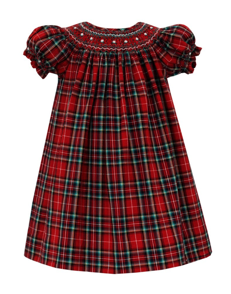 Anavini Couture Girls Red Holiday Plaid Smocked Christmas Bishop Dress