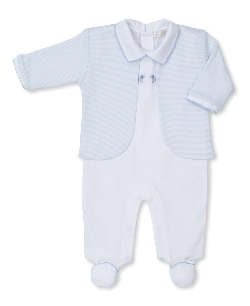 Kissy Kissy Baby Boys Light Blue Stripe Jacket with White Footie - Embroidered Puppy Dogs