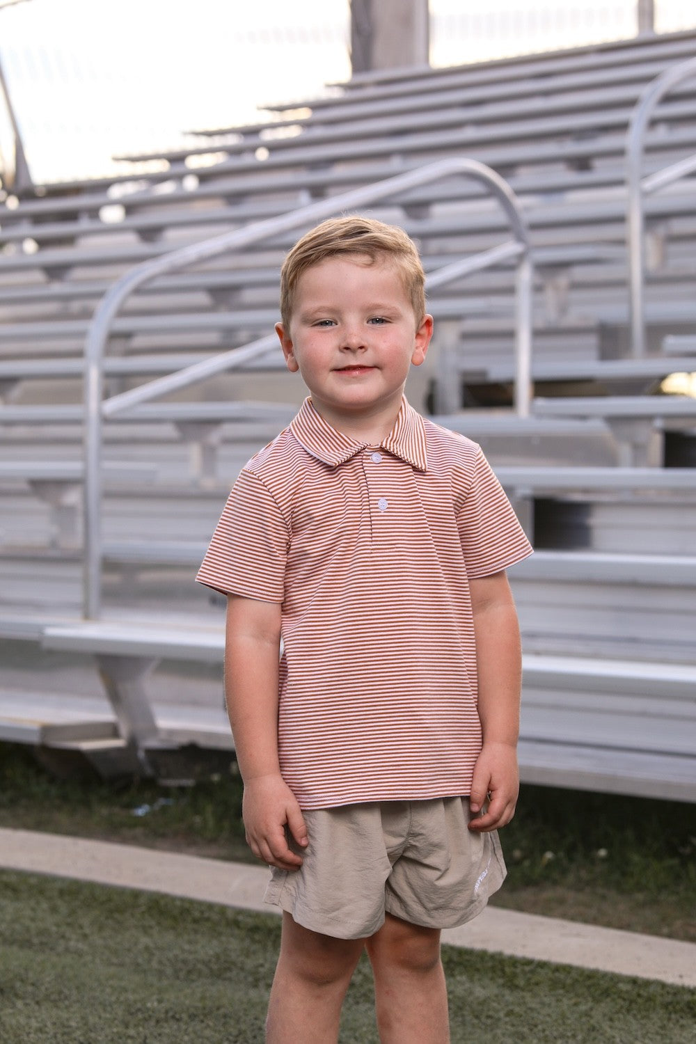 Trotter Street Kids Boys Henry Game Day Polo Shirt - Burnt Orange Stripes - Texas