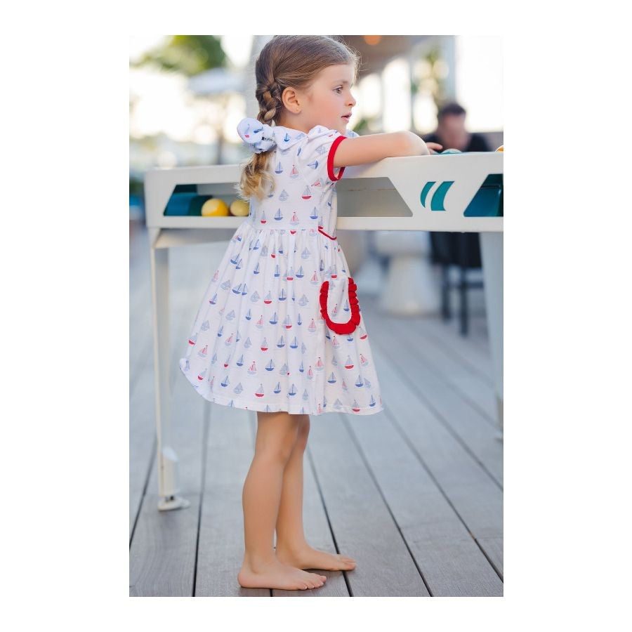 Sal & Pimenta Girls A-Line Dress - Day at Sea Boats Print - Pockets