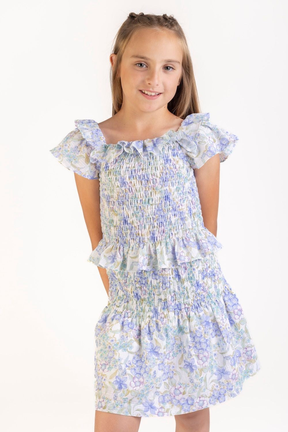 Luli & Me Gabby Girls Blue Floral Carla Shirred Skirt Set