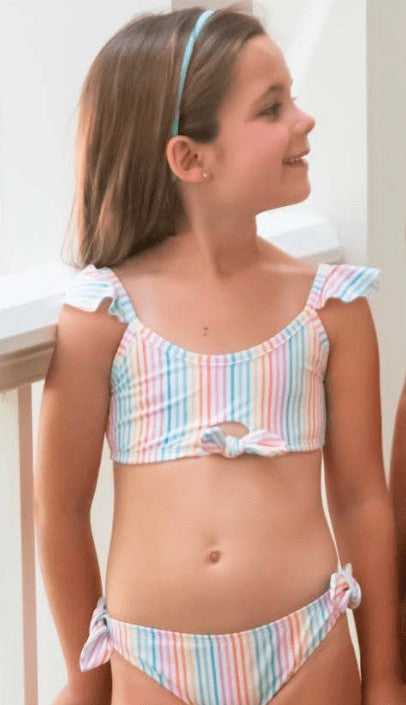 James & Lottie Be Elizabeth Girls Two Piece Knot Bathing Suit - Rainbow Stripes