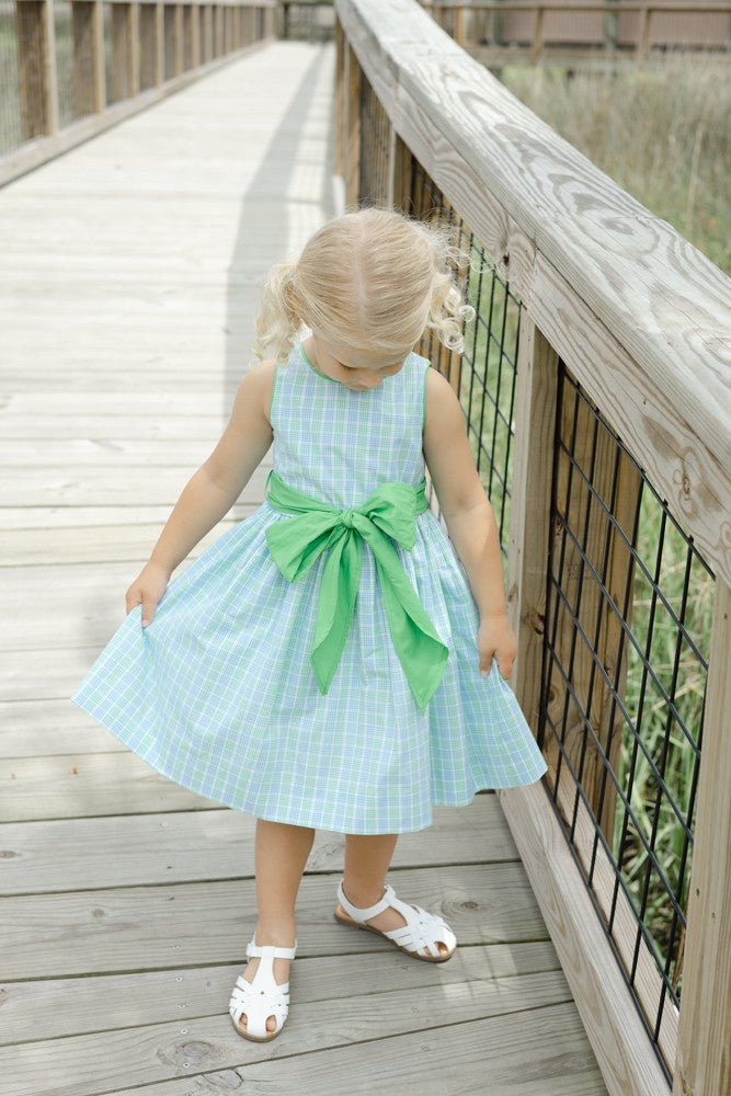 Bailey Boys Girls Sleeveless Dress with Sash - Green Dover Plaid