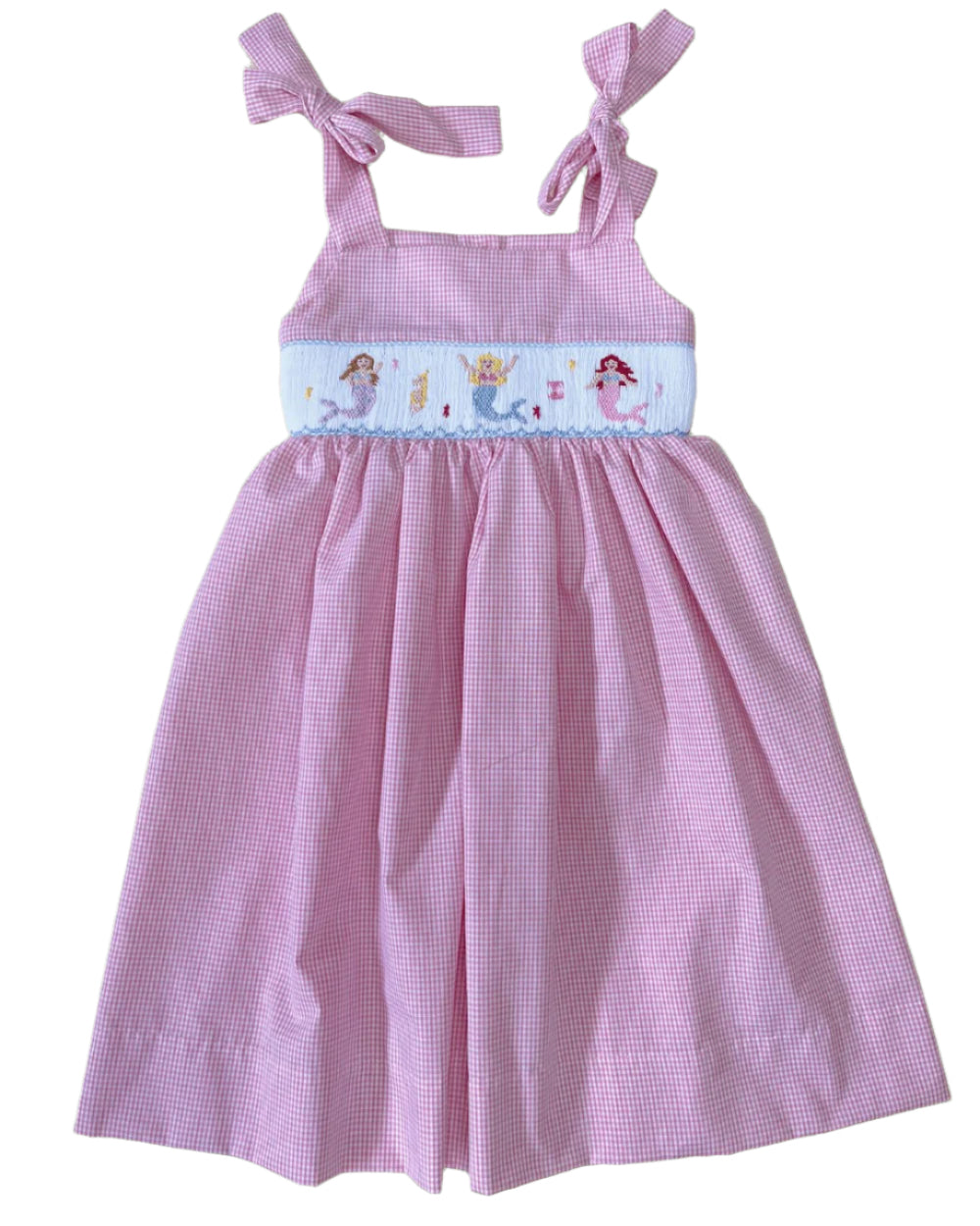 LuLu BeBe Girls Pink Gingham Smocked Mermaids Sun Dress with Ties by LuLu BeBe