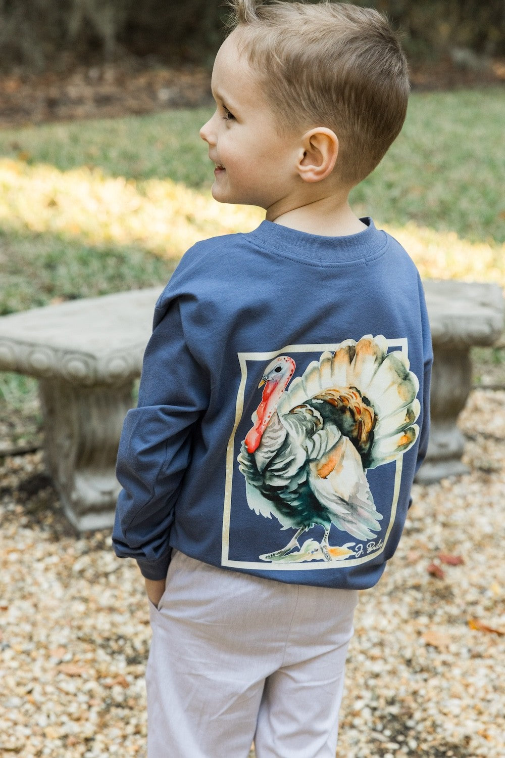 Bailey Boys J. Bailey Logo Tee Shirt - Denim Blue with Thanksgiving Turkey
