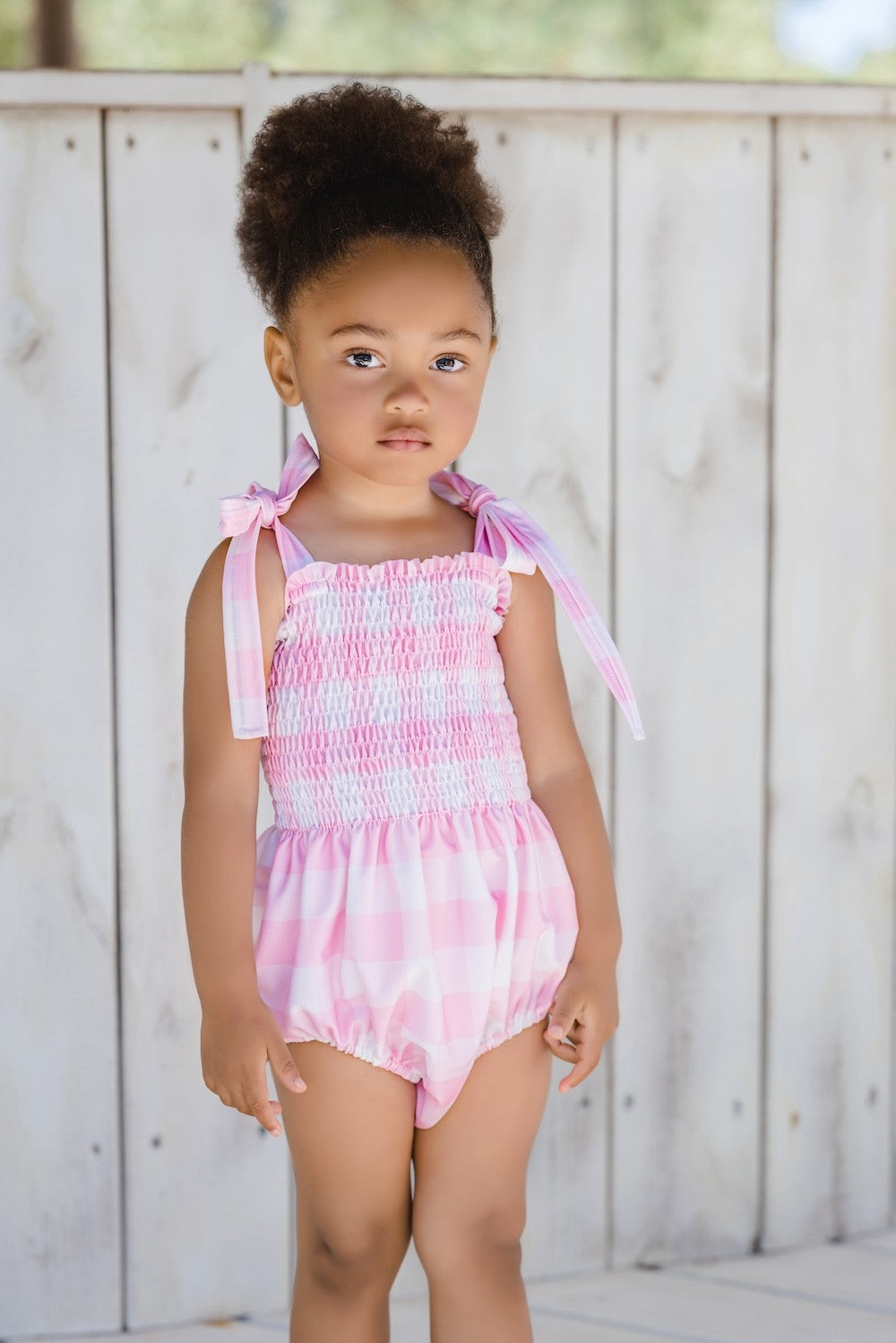 Sal & Pimenta Girls Swimsuit - Buffalo Check - Pink - Smocked with Ties at Shoulders