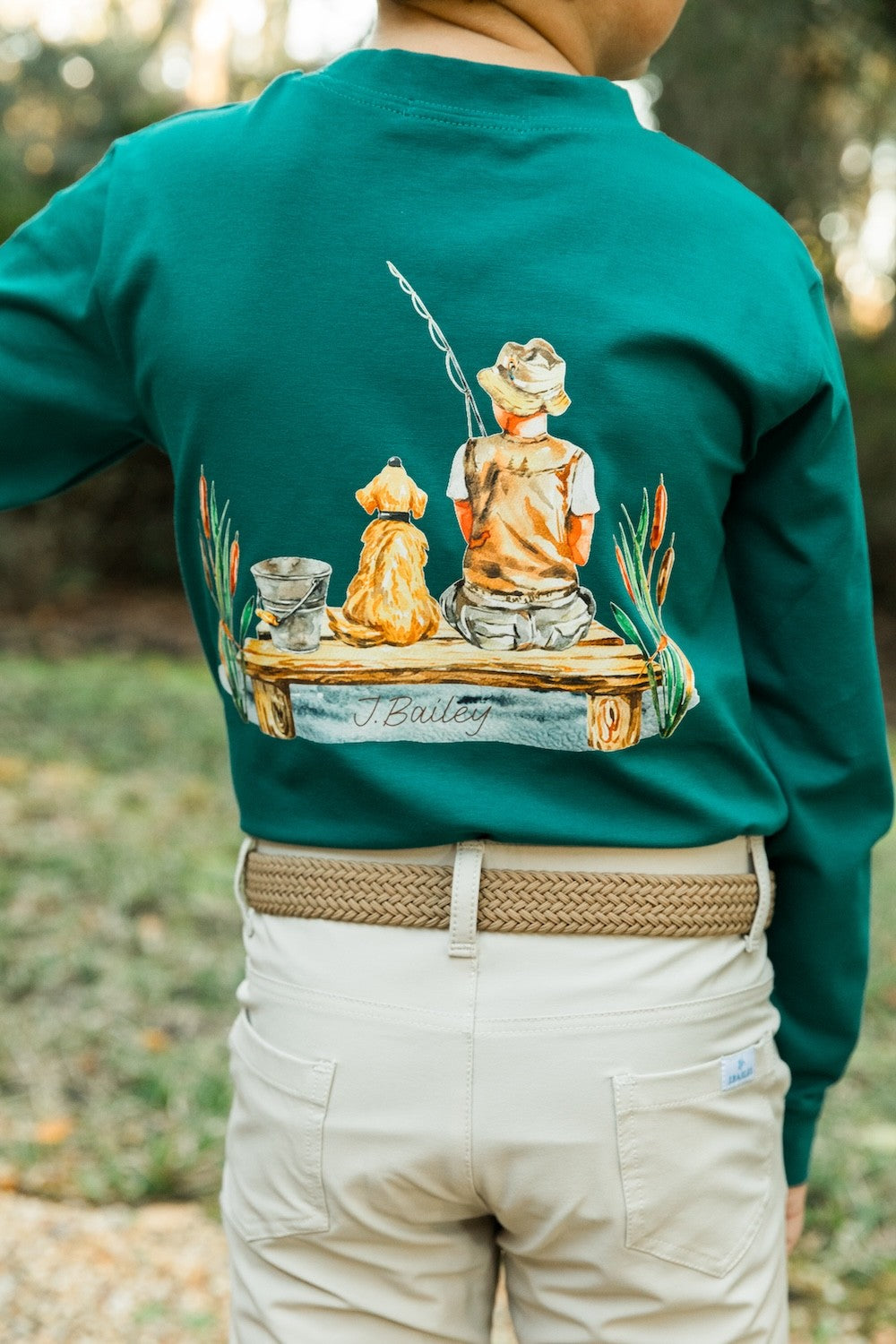 Bailey Boys J. Bailey Logo Tee Shirt - Green with Fishing Boy and Dog