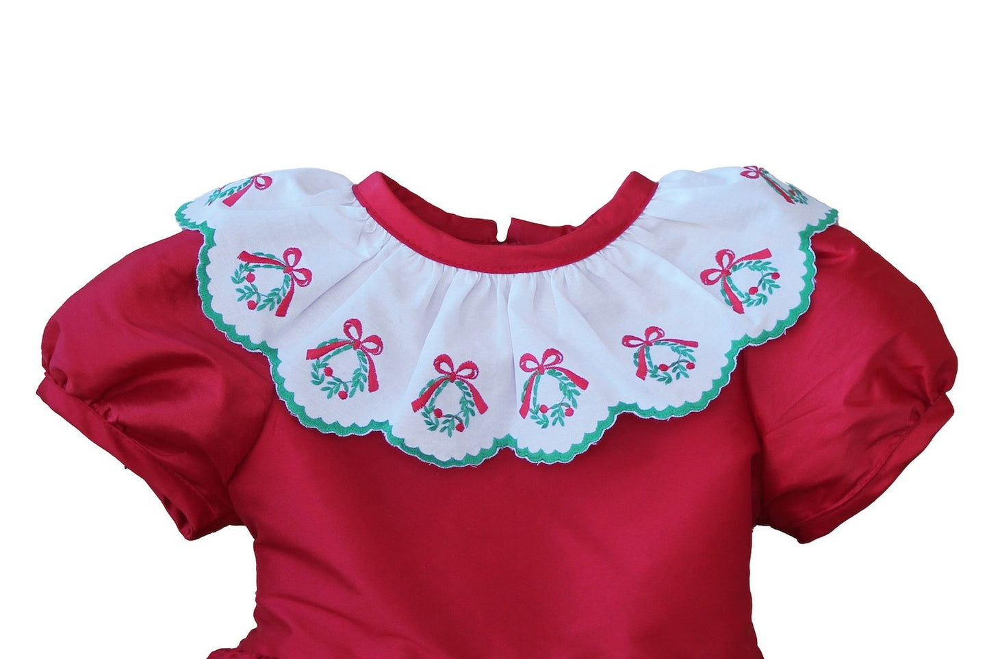 Susanne Lively Girls Taffeta Christmas Dress - Embroidered Wreath Collar - Red