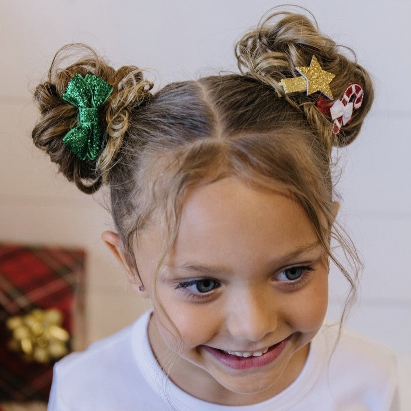 Sweet Wink Girls Hair Clip Set of 3 - Christmas Candy Cane / Green Bow / Gold Star