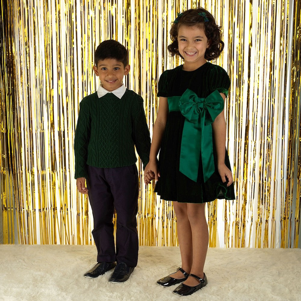 Rachel Riley London Girls Crushed Velvet Holiday Bow Dress - Green