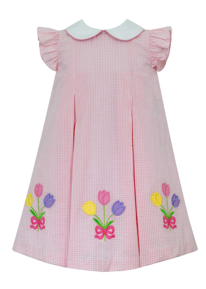 Claire & Charlie Girls Pink Gingham Seersucker Tulips Dress by Claire & Charlie