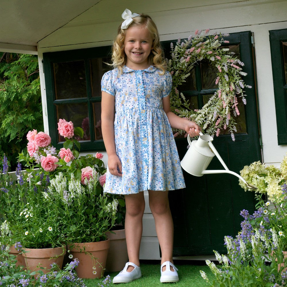 Rachel Riley Girls Daisy Button-Front Dress - Blue