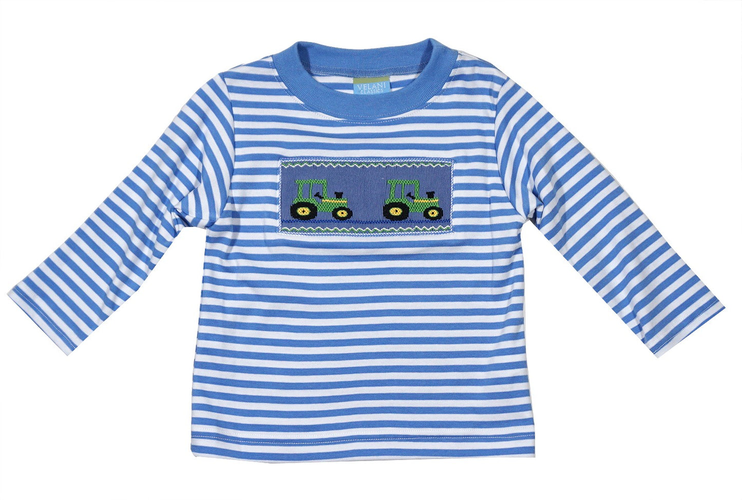 Anavini Velani Boys Long Sleeve Shirt - Periwinkle Blue Stripes - Smocked Tractors