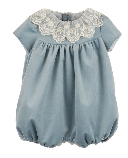 Luli & Me Girls Deluxe Velvet Bubble with Lace Collar - French Blue