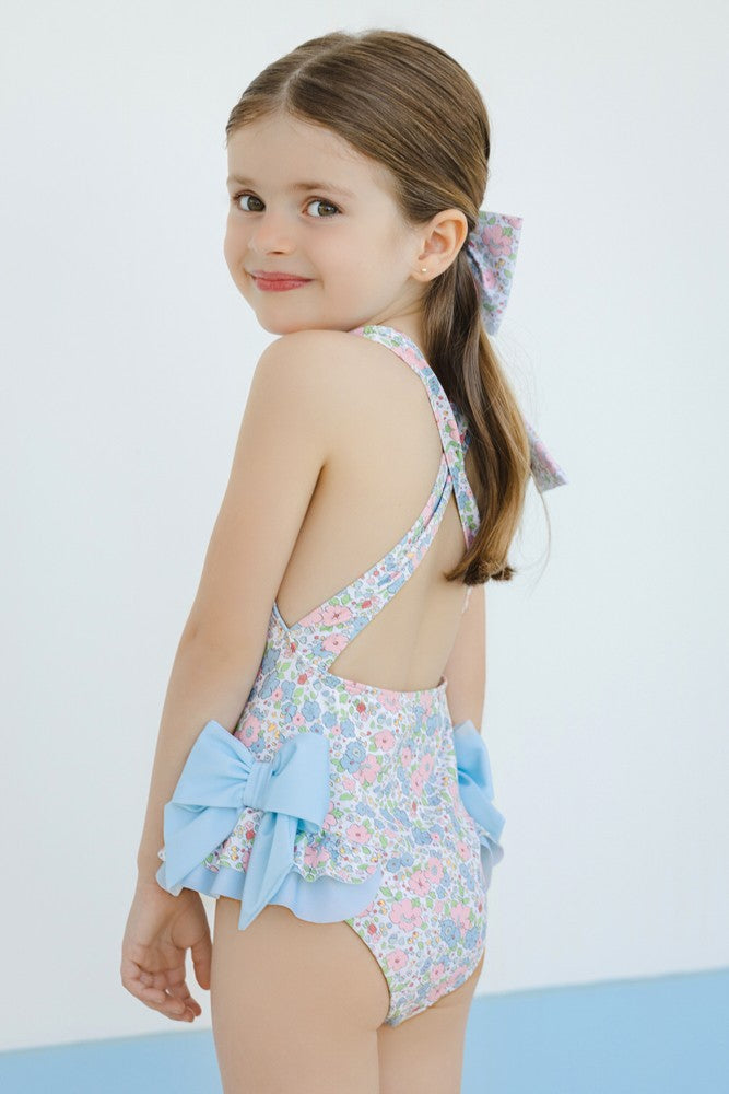 Sal & Pimenta Girls Swimsuit - Blue & Pink Sprinkles Floral - Blue Bows by Sal & Pimenta