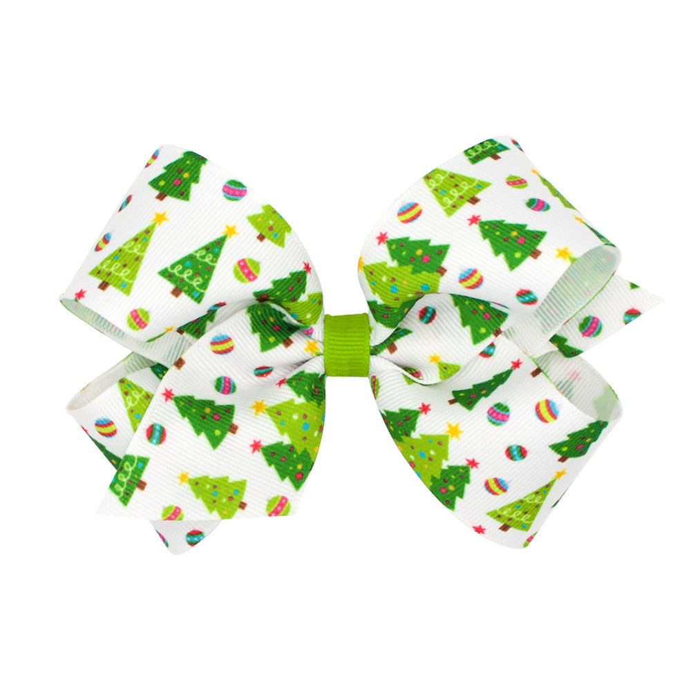 Wee Ones Girls Grosgrain Holiday Print Hair Bow - Green Christmas Trees