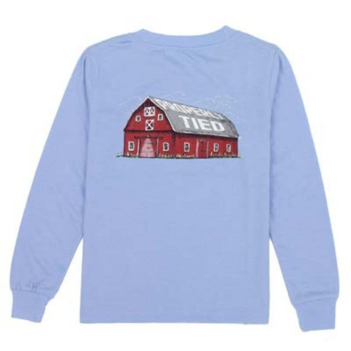 Properly Tied Tee Shirt - Logo Pocket - Back Graphic - Long Sleeves - Red Barn on Light Blue by Properly Tied