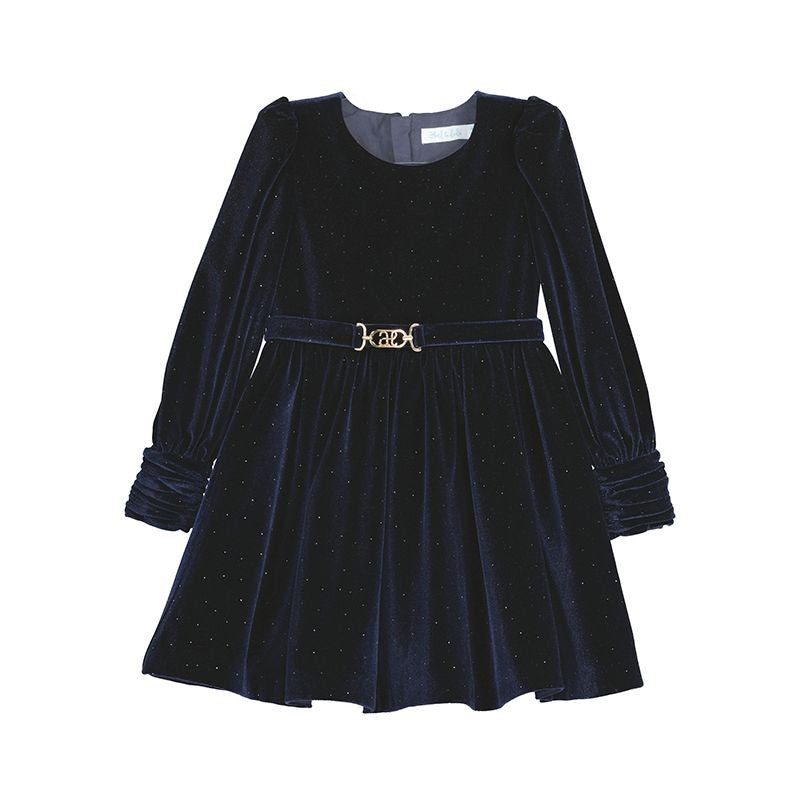 Abel & Lula Girls Belted Velvet Sparkle Holiday Party Dress - Navy Blue