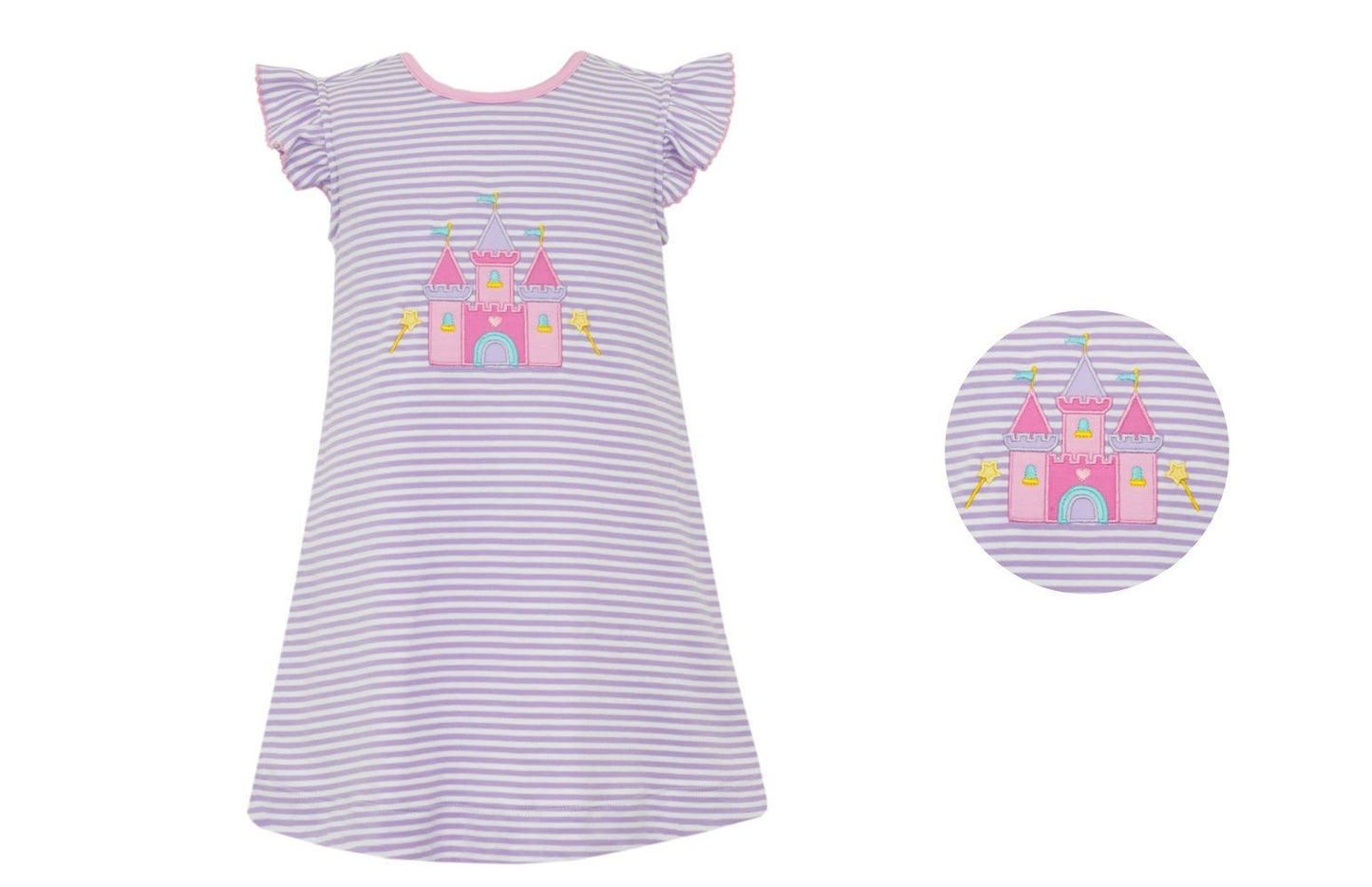Claire & Charlie Girls Lavender Stripe Knit Dress - Applique Princess Castle