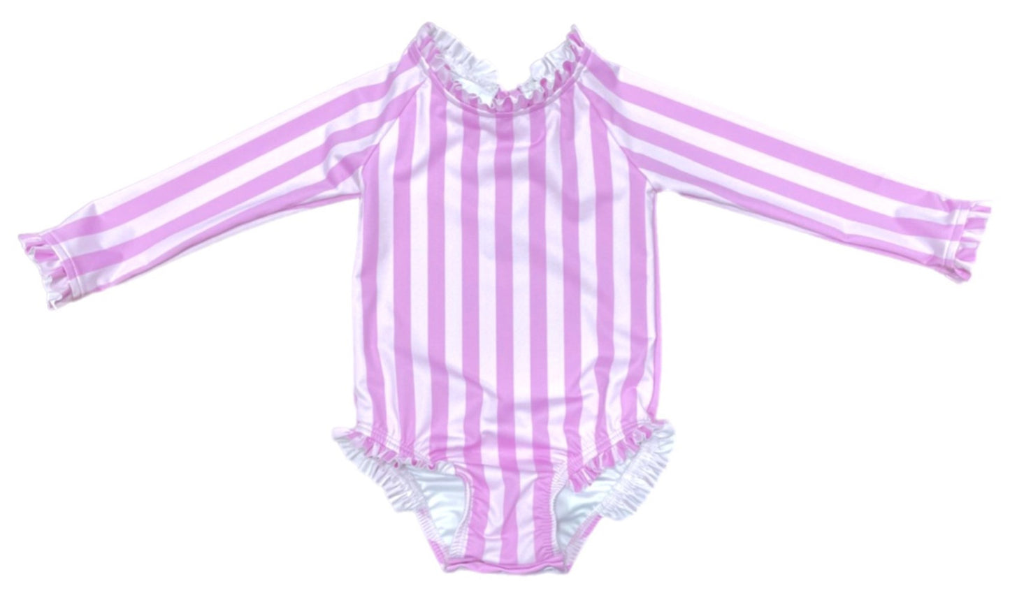 James & Lottie Girls Leighton One Piece Rashguard Swimsuit - Pink Stripes