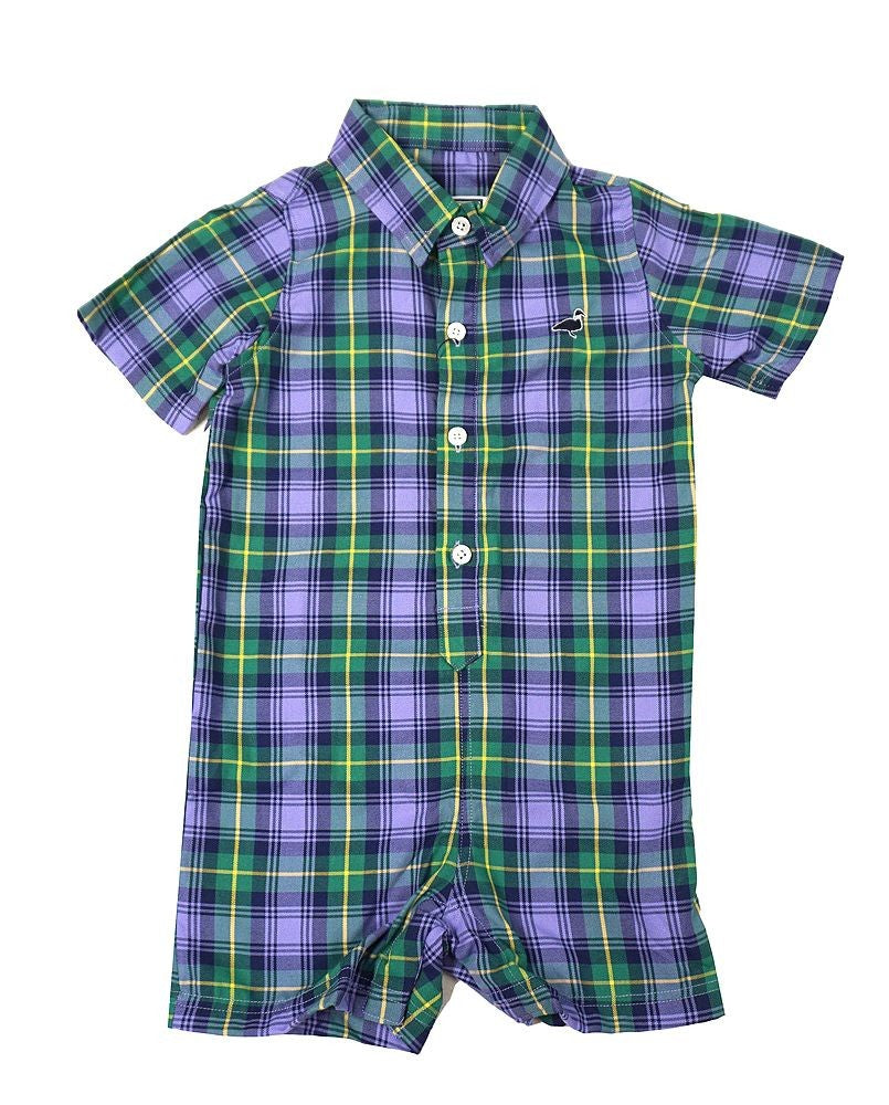 Properly Tied Baby Boys Seasonal Shortall Romper - Purple Mardi Gras Rex Plaid