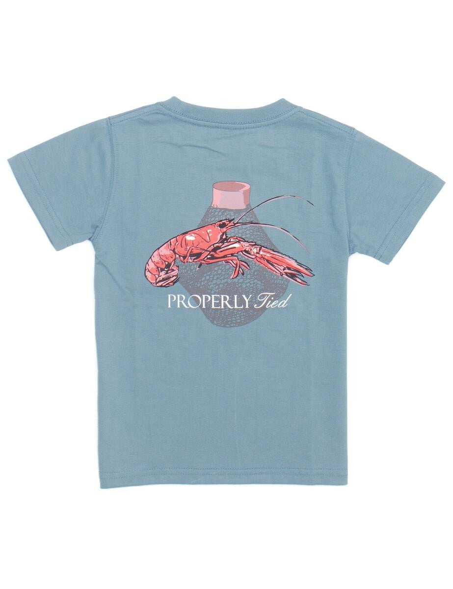 Properly Tied T-Shirt - Logo Pocket on Front - Back Graphic - Steel Blue Lobster Trap by Properly Tied