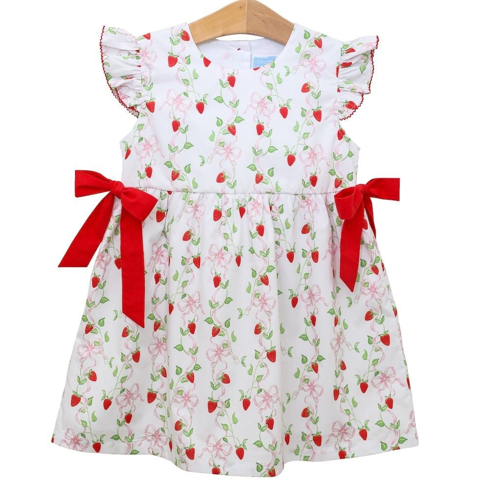 Trotter Street Kids Girls Pink Pick of the Patch Strawberry Woven Dress - Red Side Bows