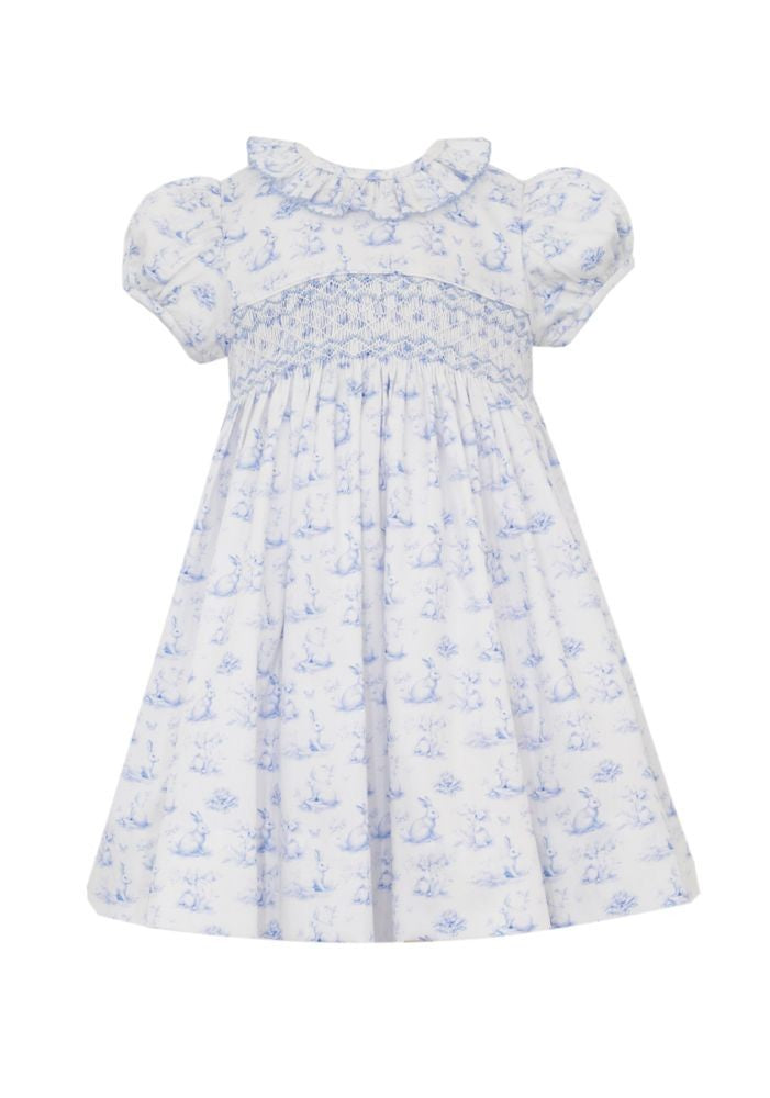 Anavini Couture Girls Blue Bunny French Toile Dress - Smocked - Ruffle Collar