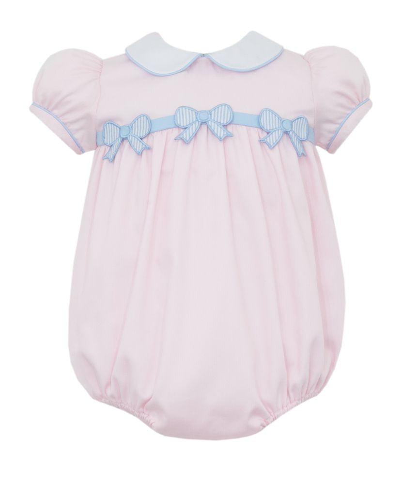 Claire & Charlie Baby Girls Pink Pique Bubble with Collar - Blue Bows by Claire & Charlie