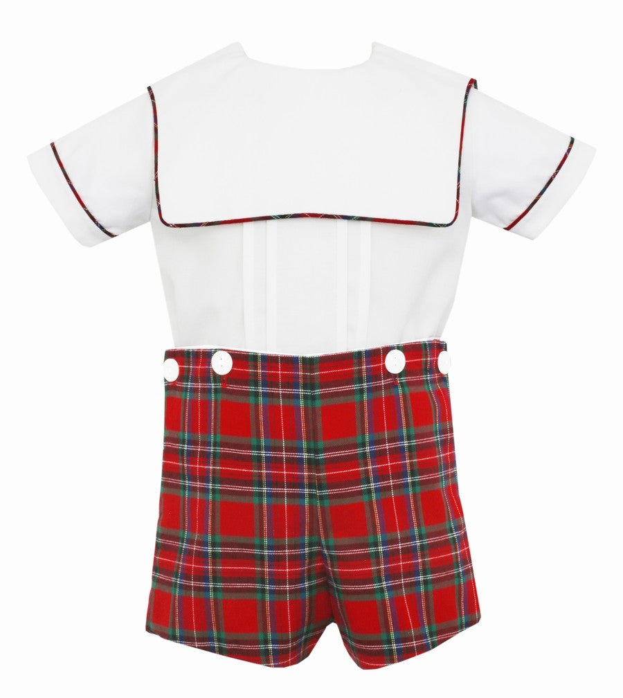 Anavini Couture Boys Red Holiday Plaid Button On Shorts Set - Square Collar