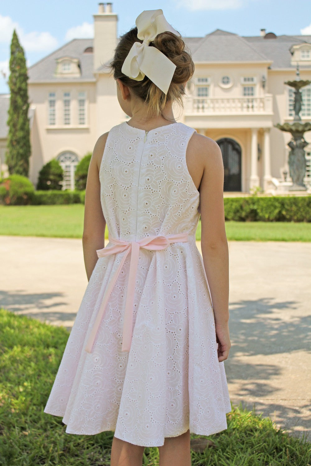 Susanne Lively Girls White Eyelet Twirl Dress - Pink Tie