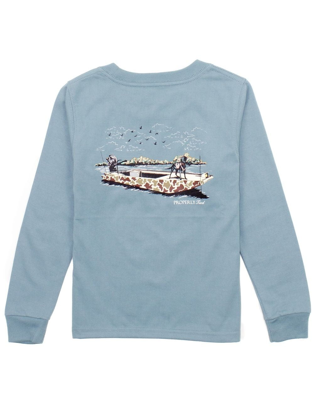 Properly Tied Boys Shirt - Logo Pocket on Front - Back Graphic - Camo Boat Ride on Steel Blue