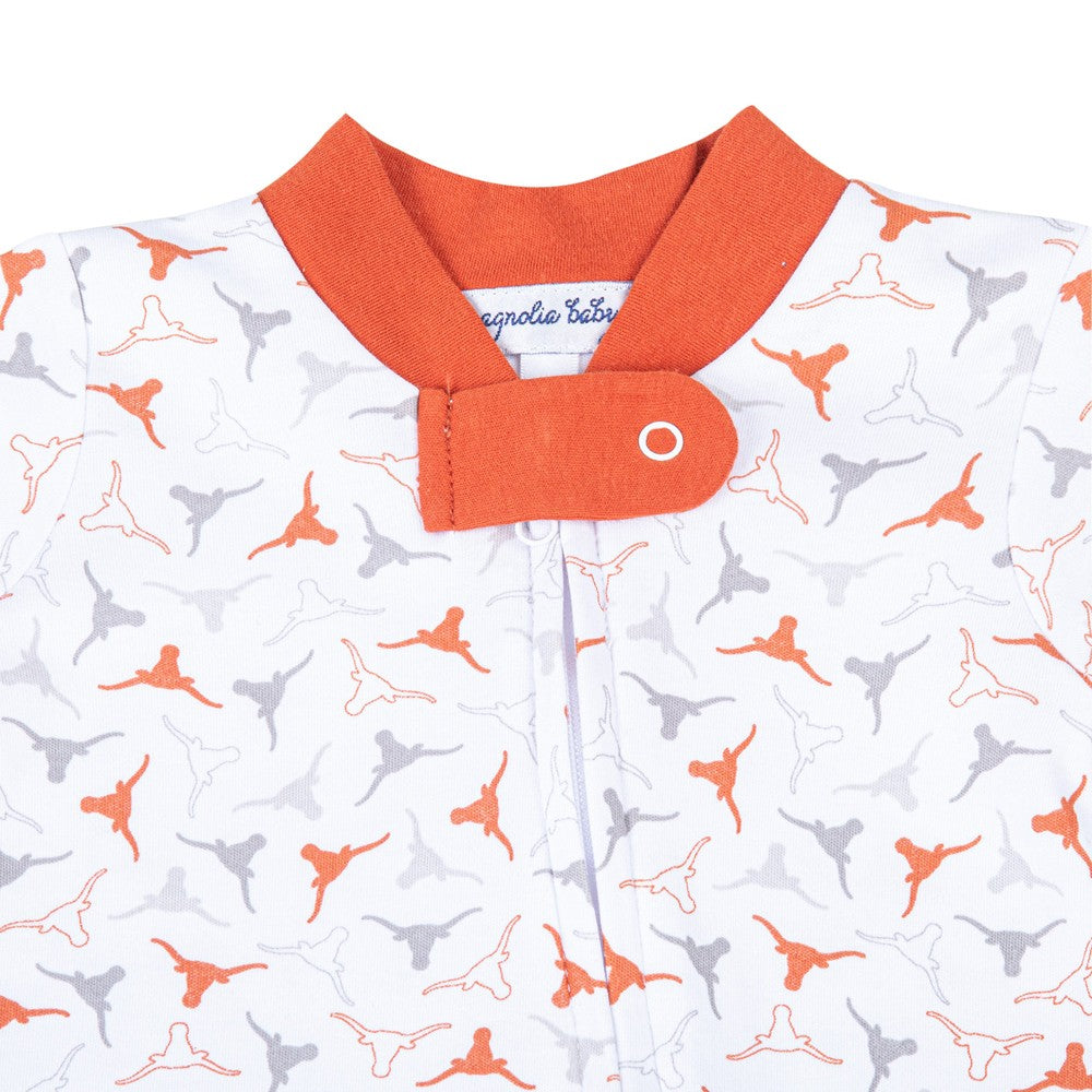 Magnolia Baby Lil' Texas Longhorn Orange Printed Zipper Footie