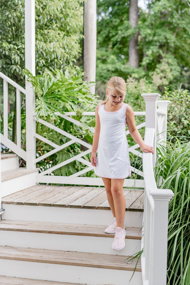 James & Lottie Girls Serve It Up Tennis Dress - White with Pink Trim