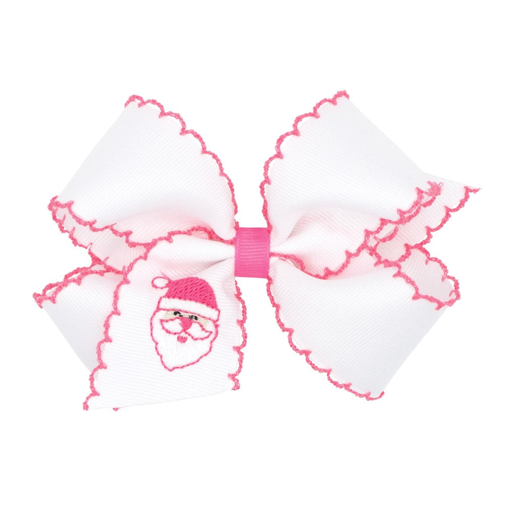 Wee Ones Girls Hair Bow - Pink Moonstitch - Embroidered Santa Face on White Bow