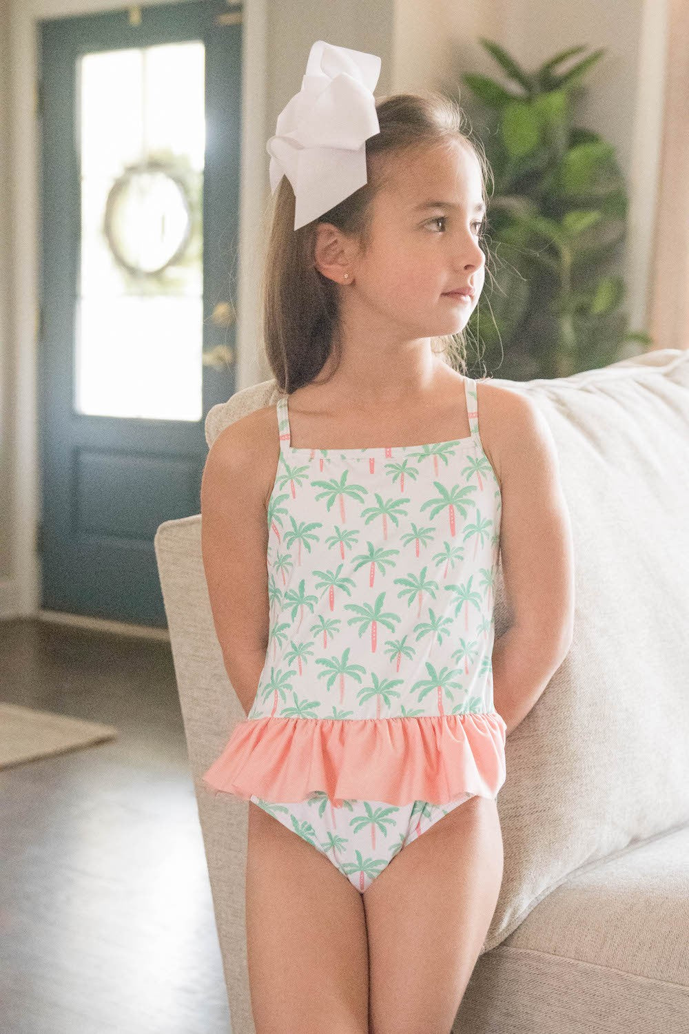 James & Lottie Girls Lainey Swimsuit - Green Palm Trees with Blush Pink Ruffle