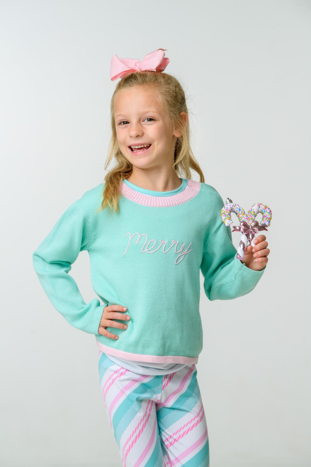 Lullaby Set Girls Christmas Sweater - Mint Aqua with Pink Embroidered Merry