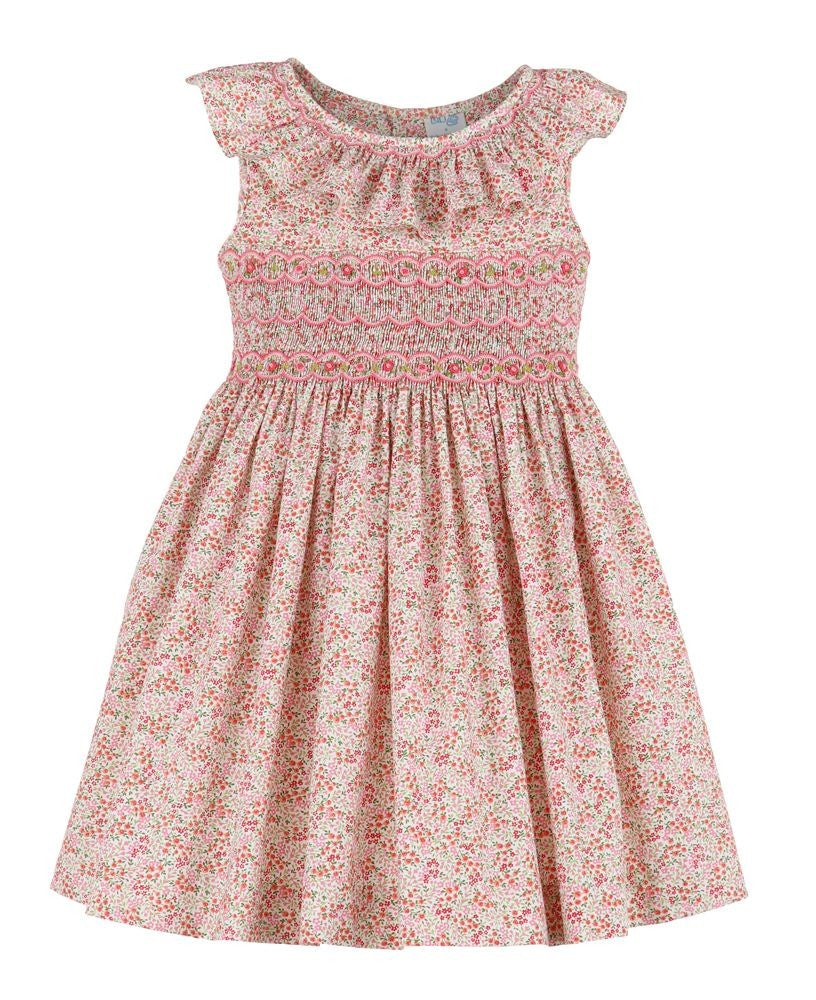 Luli & Me Girls Tiny Floral Smocked Dress with Ruffle Neck - Pink