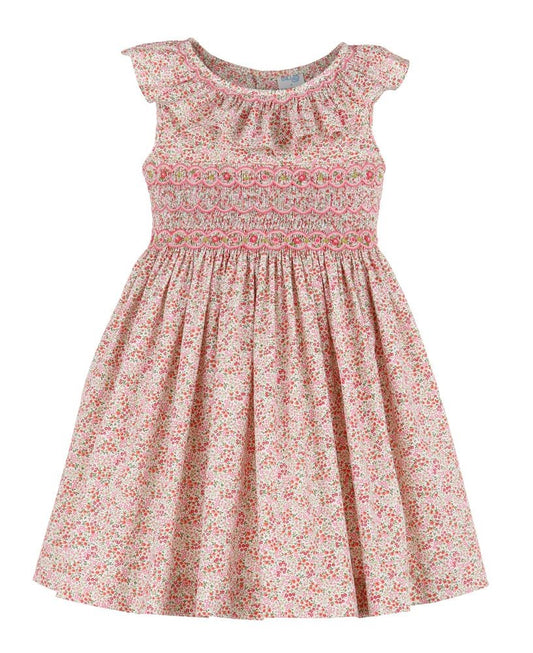 Luli & Me Girls Tiny Floral Smocked Dress with Ruffle Neck - Pink