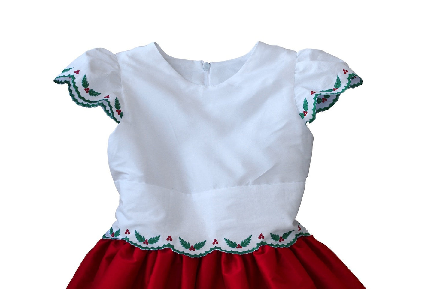 Susanne Lively Girls Red Christmas Party Dress - White Bodice - Holly Embroidery Details