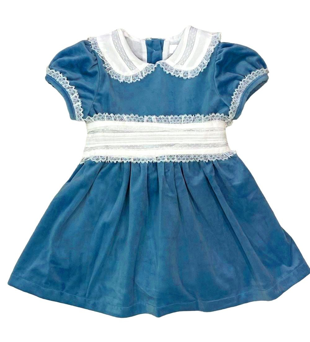 LuLu BeBe Girls Velvet Dress with Lace Collar & Cummerbund - Wedgewood Blue