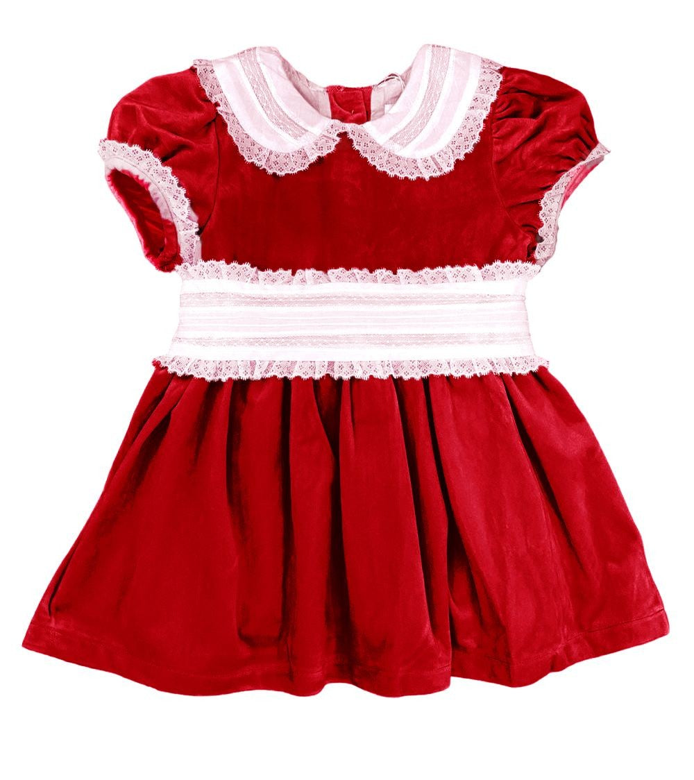 LuLu BeBe Girls Velvet Dress with Lace Collar & Cummerbund - Red
