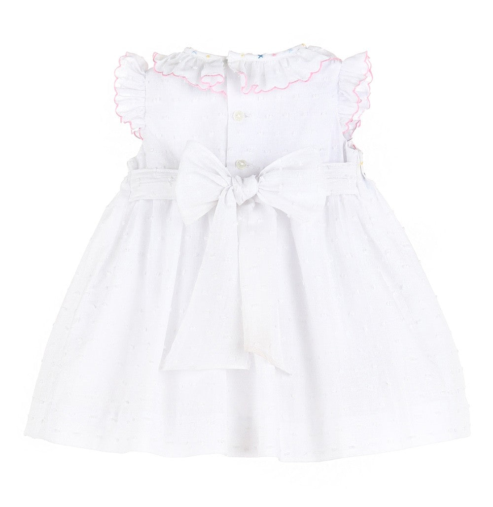 Sophie & Lucas Girls White Bloomy's Dot Pleat Dress - Smocked in Rainbow Colors