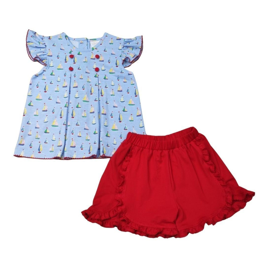 Whimsy Bay Kids Toddler Girls Blue Sailing Away Flutter Top with Red Shorts