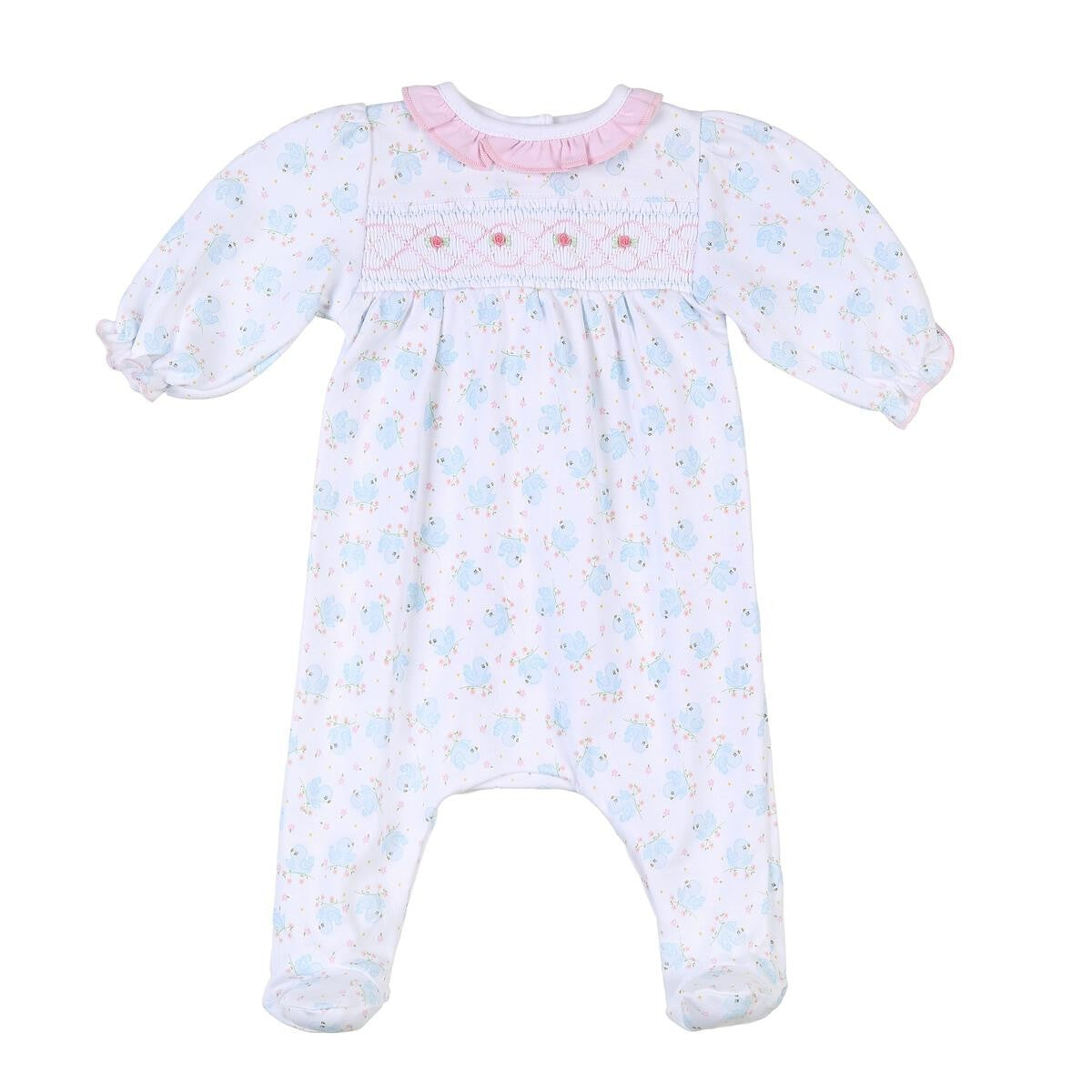 Magnolia Baby Girls Vintage Blue Bird Smocked Printed Footie