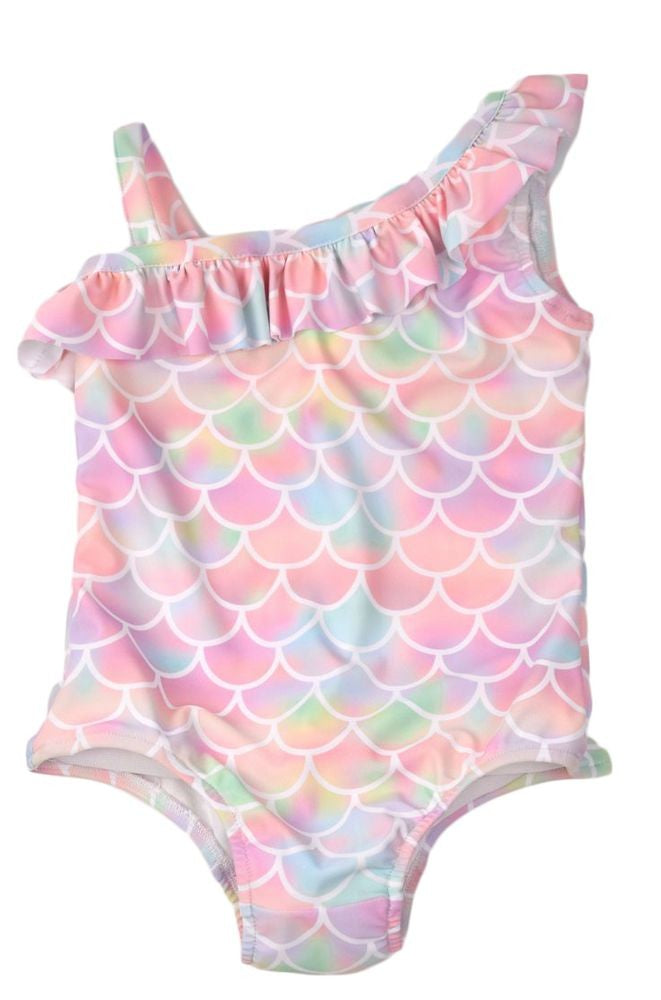 Funtasia Too Girls One Shoulder Swimsuit - Pink Pastels Fish Scales by Funtasia