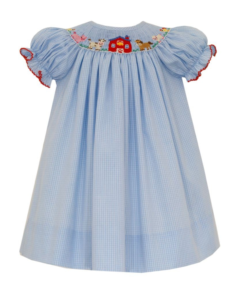 Petit Bebe Girls Blue Check Bishop Dress - Smocked Farm Scene by Petit Bebe