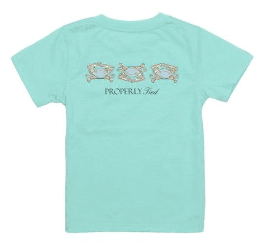 Properly Tied T-Shirt - Logo Pocket on Front - Back Graphic - Triple Crabs on Seafoam Green