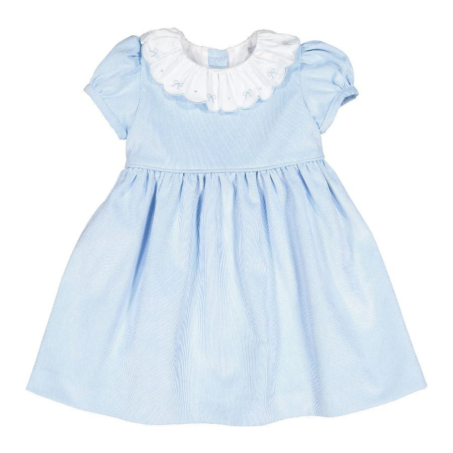 Sal & Pimenta Girls Corduroy Sash Dress - Embroidery Bows on Ruffle Collar - Blue