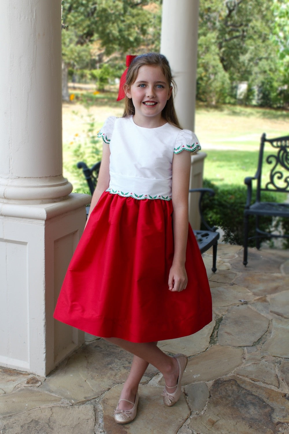 Susanne Lively Girls Red Christmas Party Dress - White Bodice - Holly Embroidery Details